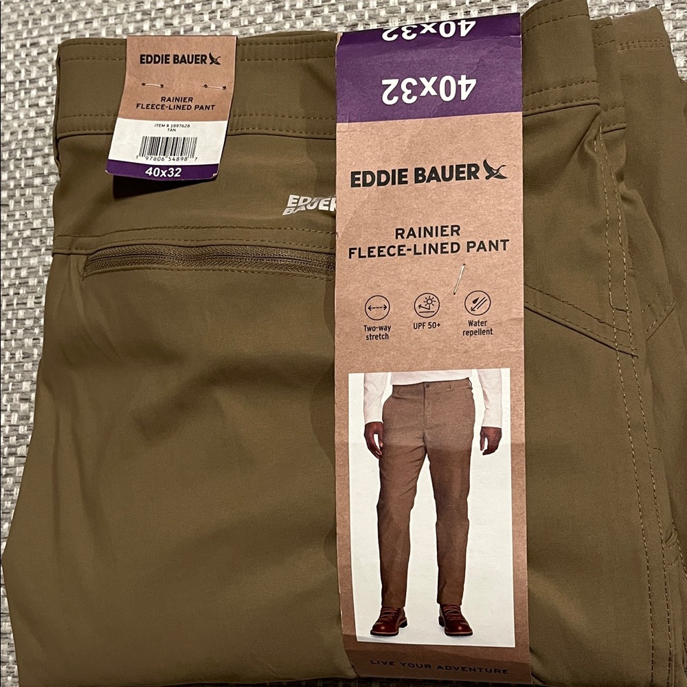 NWT Eddie Bauer Men's Rainier Fleece-Lined Pants - Tan Size 40 X 32